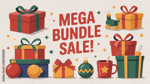 Festive mega bundle sale with christmas gifts and ornaments celebrating holiday shopping deals