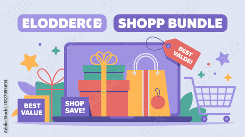 Online shopping bundle with gifts shopping bags and a cart promoting best value and savings