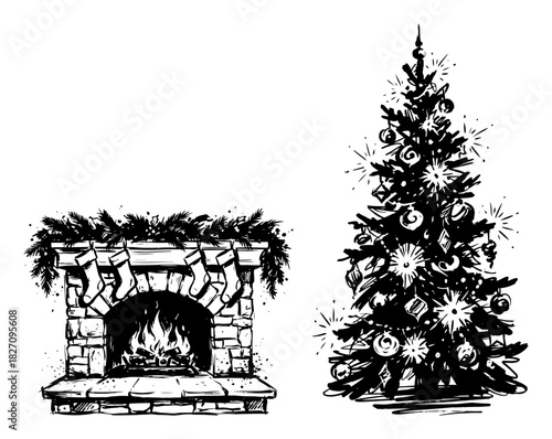 Christmas fireplace with stockings and decorated pine tree vector illustration in hand drawn ink sketch style showing cozy holiday home interior scene