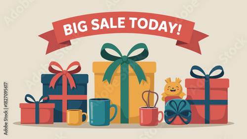 Big sale today announcement with colorful gifts and festive ribbons for promotions