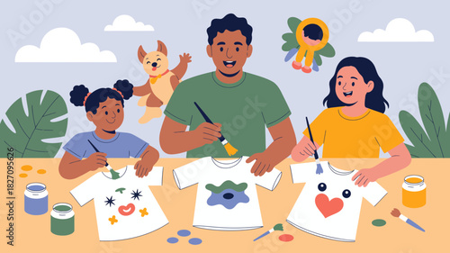 Father and two children happily painting custom designs onto blank t shirts together at a table