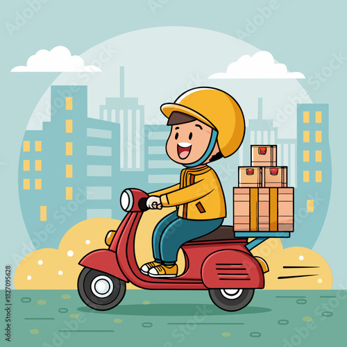 playful cartoon scene of a girl and boy riding scooters through a city road during summer travel