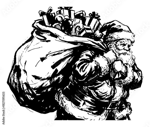Santa Claus carrying heavy sack full of Christmas gifts vector illustration in detailed ink drawing style showing holiday delivery character