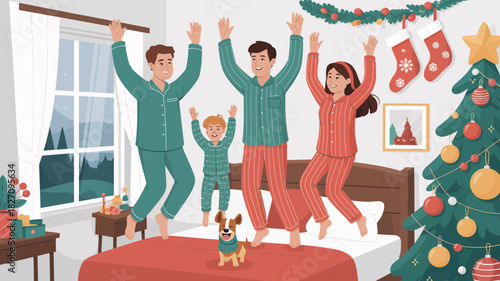 Joyful family in pajamas jumping on bed with christmas tree and decorations celebrating holidays