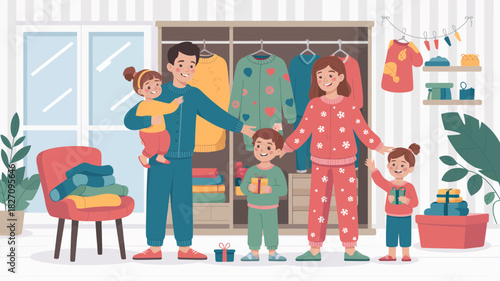Happy family in pajamas opening presents in a cozy bedroom with a wardrobe full of clothes