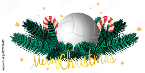 Christmas volleyball illustration featuring ball, pine branches, holly, bows, bells and lights. Perfect for greeting cards, banners, labels and festive creative projects