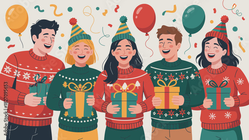 Diverse group of happy friends wearing festive sweaters and party hats celebrating with gifts and balloons