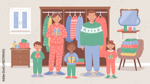Happy family in pajamas holding gifts in front of a closet filled with clothes and a chair with folded blankets