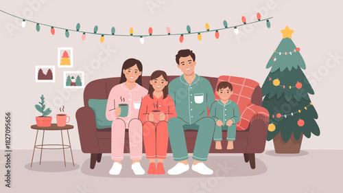 Happy family in pajamas enjoying christmas morning with hot drinks by the decorated tree