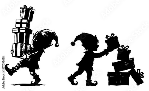 Set of christmas elf silhouettes carrying and stacking gift boxes Vector black and white line art illustration