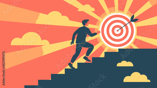 Silhouette of a determined man climbing stairs towards a bullseye target with an arrow in the center