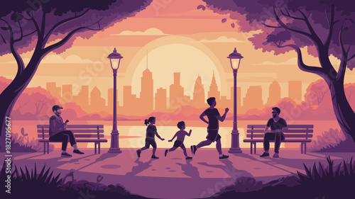 Family enjoying a healthy lifestyle running and relaxing in a park at sunset with city skyline background