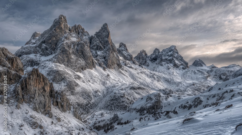 Obraz premium Majestic Dolomite Mountain Range Peaks Covered in Fresh Snow Under a Dramatic Cloudy Sky, Winter Landscape