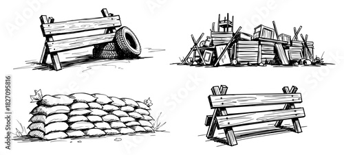 Street barricade and obstacle vector set featuring sandbags wooden barriers and pile of debris in hand drawn sketch style for protest or conflict concept