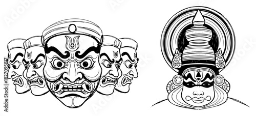 Traditional Indian cultural symbols vector illustration featuring Ravana demon head and Kathakali dancer face mask for religious festival and heritage design