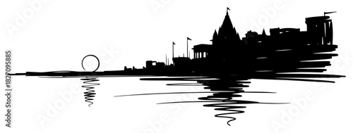 Varanasi city skyline silhouette with temples and river reflection Vector black and white line art illustration