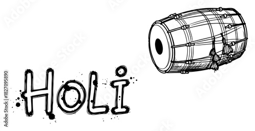 Holi festival typography design with traditional dhol drum and paint splatters Vector black and white line art illustration