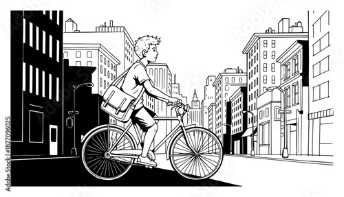 Young boy riding a bicycle on a city street surrounded by buildings Vector black and white line art illustration