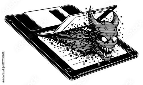 Scary digital demon monster emerging from a retro floppy disk representing malware Vector black and white line art illustration