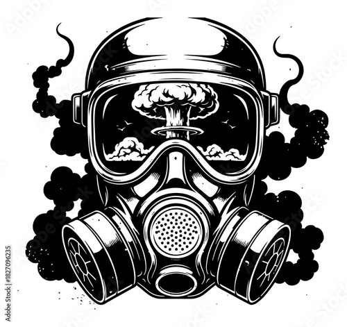 Hand drawn gas mask with nuclear explosion reflection in goggles sketch Vector illustration of apocalypse and radiation danger symbol