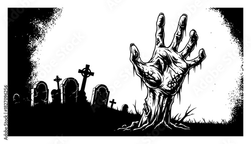 Hand drawn zombie hand rising from the grave in cemetery sketch Vector illustration of halloween horror background and tombstone silhouette