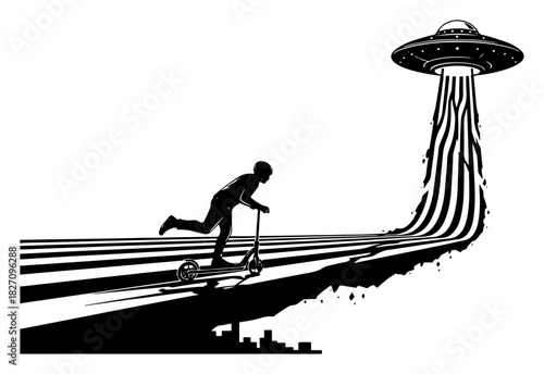 Surreal alien abduction scene vector illustration showing boy on scooter with road lines morphing into UFO beam light