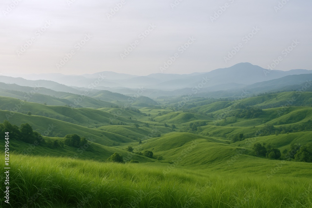 Naklejka premium Lush Green Hills Landscape with Rolling Meadows and Distant Mountains on a Misty Morning