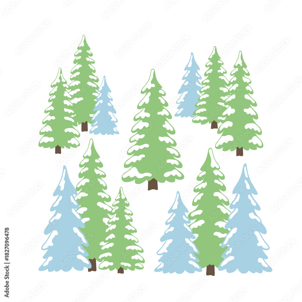 Obraz premium Evergreen trees with snow in colorful illustration style 