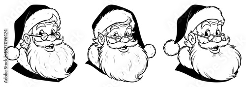Smiling Santa Claus head vector illustration set featuring classic face portrait with glasses and beard in black and white retro style for Christmas design