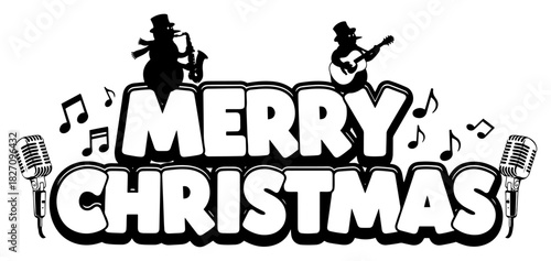Photography Merry Christmas musical typography vector illustration featuring snowmen playing