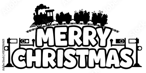 Merry Christmas typography design with a toy train carrying gifts on railroad tracks Vector black and white line art illustration
