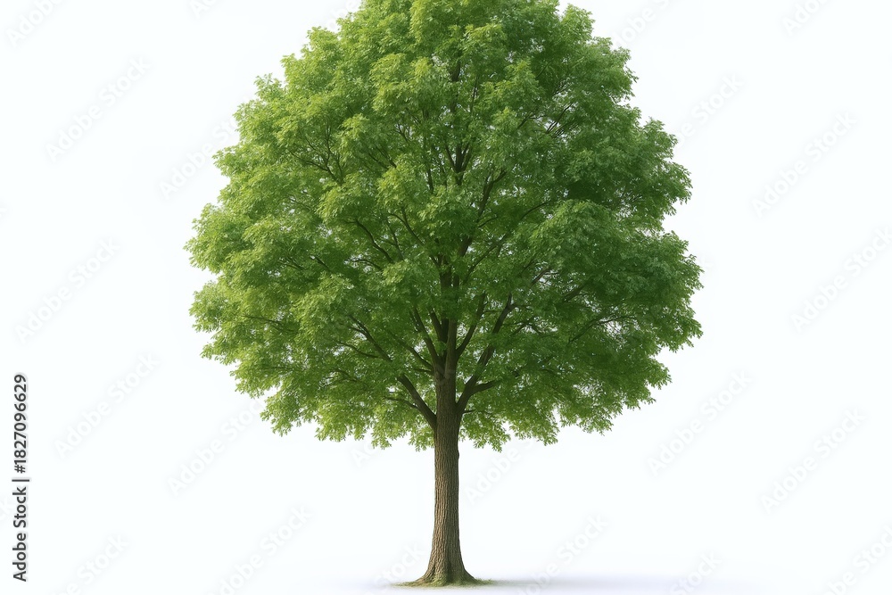 Fototapeta premium Solitary Green Tree with Lush Foliage Isolated on White Background, Representing Nature and Environmental Concepts