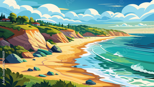 Very beautiful coastal scene showcasing a serene sandy shoreline in Westerly, with gentle ocean waves, soft natural light, and a peaceful New England beach atmosphere perfect for summer-themed artwork
