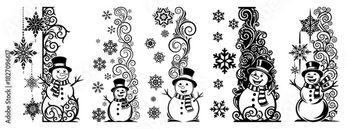 Set of decorative Christmas snowman vertical borders with ornate floral swirls and snowflakes featuring black and white vector silhouette style ideal for laser cutting or holiday dividers