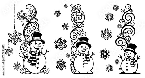 Christmas snowman vector illustration set with decorative floral swirls and falling snowflakes featuring black and white silhouette style perfect for holiday greeting cards and winter decoration