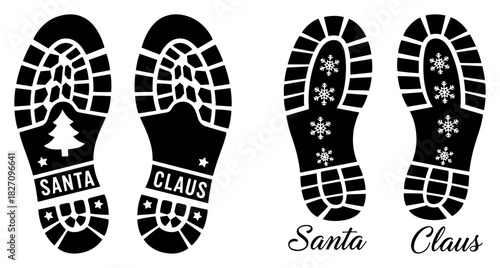 Santa Claus boot prints vector illustration set showing shoe sole tracks with snowflake and pine tree tread patterns perfect for floor stickers or winter decoration