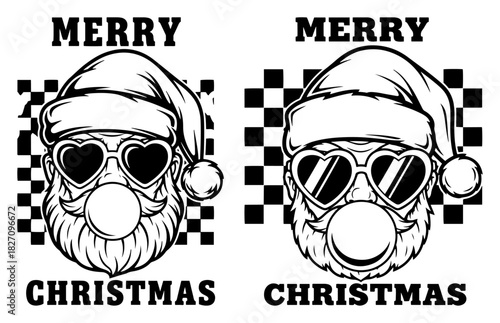 Cool hipster Santa Claus head vector illustration wearing heart shaped sunglasses and blowing bubble gum with checkered background and Merry Christmas typography