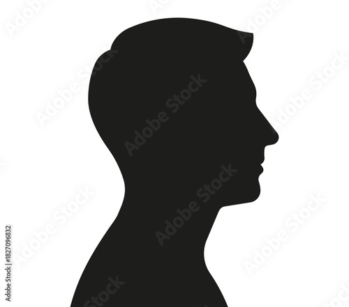 Male head silhouette. Adult man without beard, with neck. Simple black shape, portrait in profile. Simplicity vector illustration, isolated.
