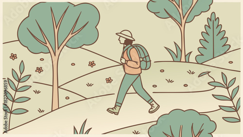 A lone hiker with a backpack treks through a serene forest, surrounded by lush trees and wildflowers, enjoying the tranquility of natures embrace