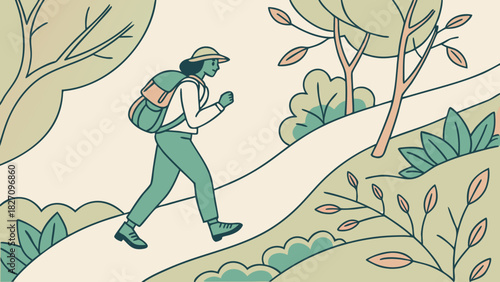 A determined hiker ascends a winding path through a lush, stylized landscape, embodying adventure and the joy of outdoor exploration and exercise