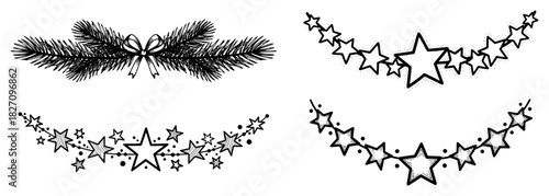 Hand drawn Christmas garland vector illustration set featuring pine branches with bow and star bunting swags in black and white sketch style