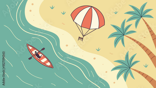 A serene beach scene unfolds with a lone kayaker gliding through turquoise waters, a vibrant parachute drifting above, and palm trees swaying gently