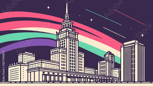 A vibrant illustration showcasing warsaws iconic palace of culture and science against a colorful, stylized night sky with shooting stars