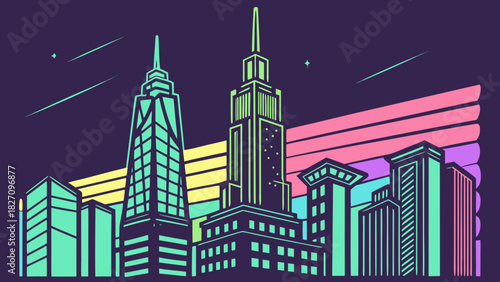 A vibrant cityscape illustration featuring stylized skyscrapers against a dark purple background with colorful retroinspired stripes and shooting stars