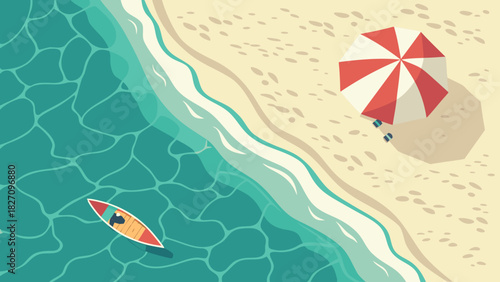 Aerial view of a beach with a red and white umbrella, a surfboard, and clear turquoise water, creating a serene and inviting coastal scene