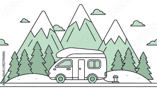 A charming camper van nestled amidst towering mountains and lush trees, , evoking a sense of adventure and tranquility