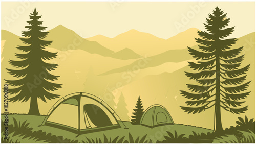 Camping adventure a serene landscape featuring tents nestled amidst towering trees and majestic mountains under a soft, hazy sky in the wilderness