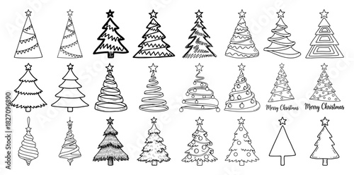 Hand drawn Christmas tree vector illustration set featuring various doodle and sketch fir pine styles isolated on white background for holiday design