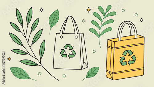 Ecofriendly shopping bags with recycling symbols and green leaves promoting sustainable living and environmental awareness for a greener future