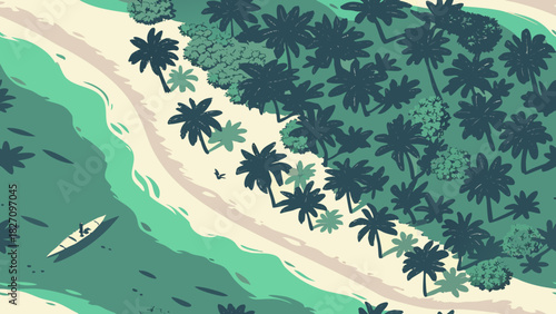 An aerial view showcases a tropical island paradise, with lush palm trees lining the sandy beach and turquoise waters lapping gently against the shore